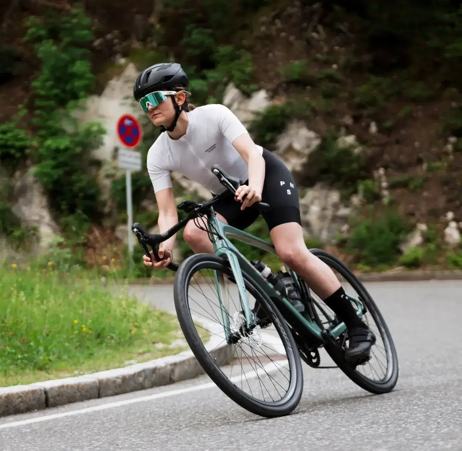 Woman riding bicycle safely